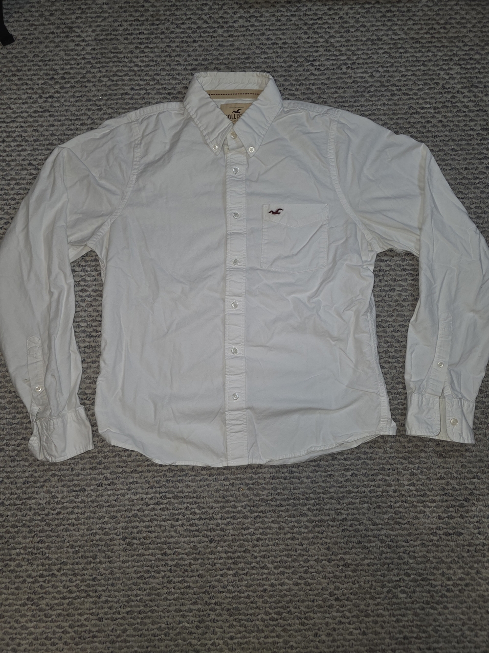 Hollister Men's White Long-Sleeve Button-Down Shirt with Logo